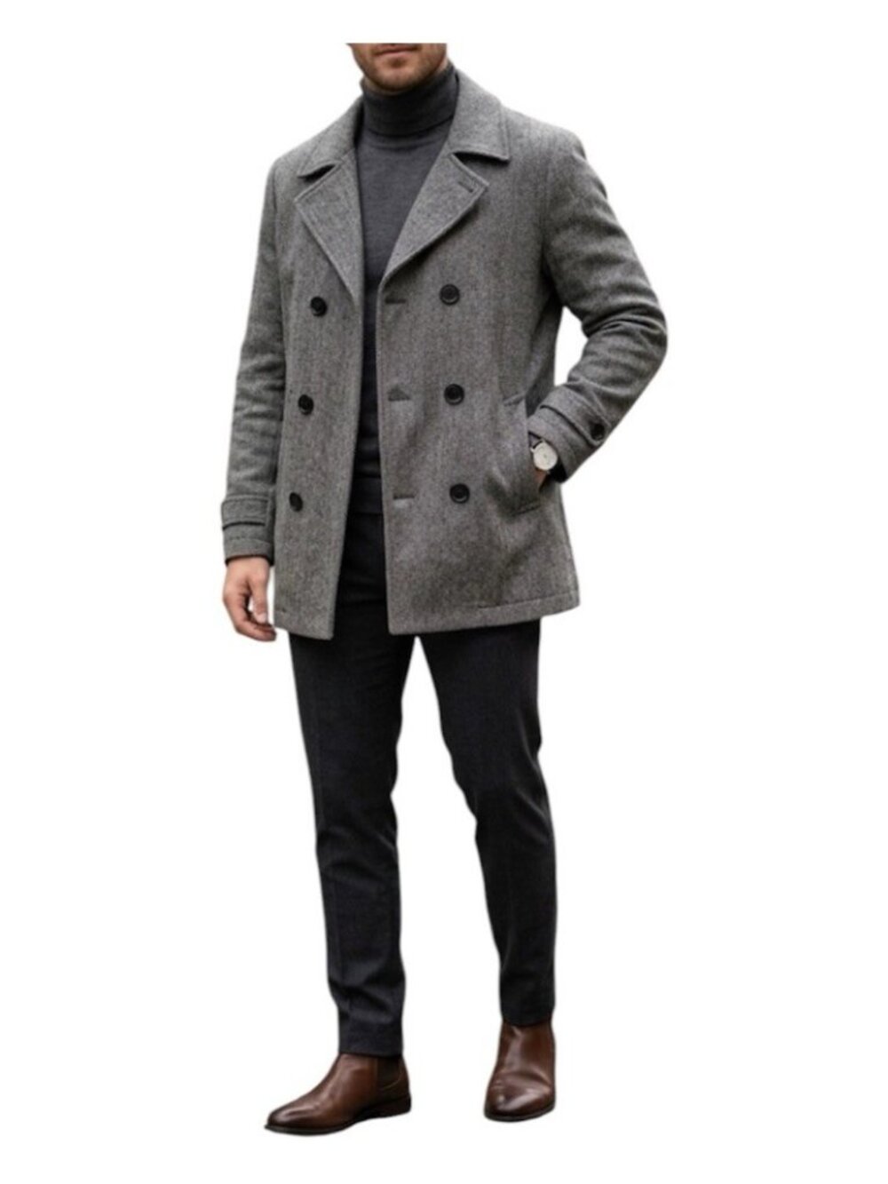 Carbon Gray Wool Blend Double Breasted Winter Jacket Peacoat Size Large
